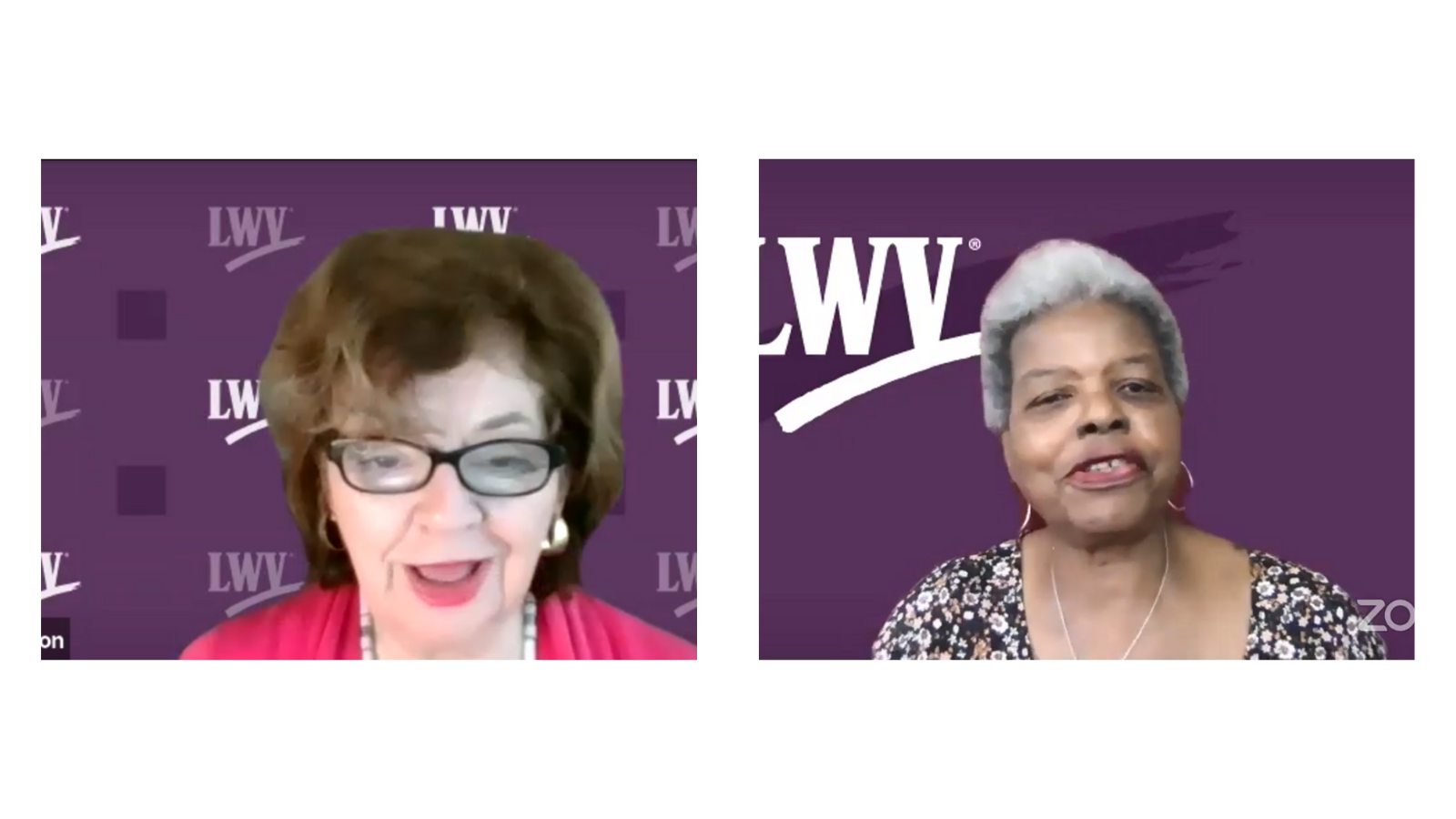 (L): Former LWVUS president Chris Carson on Zoom. They are using a purple LWV zoom background. (R): Current LWVUS president Deborah Turner on Zoom. They are using a purple LWV background